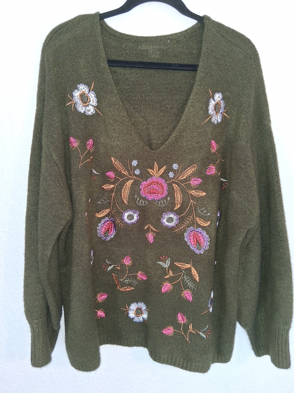Bunulu 3X Olive Green Boho Embroidered Sweater Oversized V Neck Cottagecore Folk